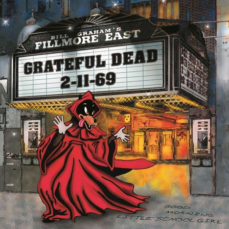 "GRATEFUL DEAD 2-11-69" auf einem Theater-Schild. Illustration eines Comics in rotem Umhang davor.