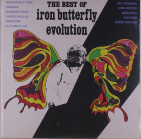 "The Best of Iron Butterfly Evolution" mit bunten Schmetterlingsflügeln und halb abstrakter Skizze eines Menschen.