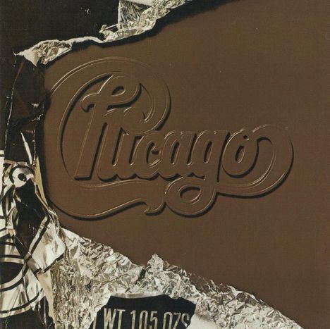 "Chicago" in verschnörkelter Schrift, darunter "WT 1.05 OZ'S", umgeben von Schokoladenfolie.