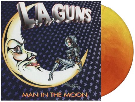 Text: "L.A. Guns", "Man in the Moon". Eine Illustration mit einem Mondgesicht und einer Frau in Raumanzug auf einem Halbmond.