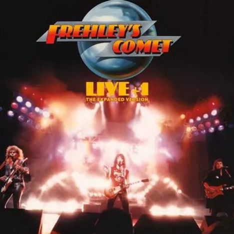 "Frehley's Comet", "LIVE + 1", "The Expanded Version". Drei Musiker auf der Bühne vor bunten Lichtern.