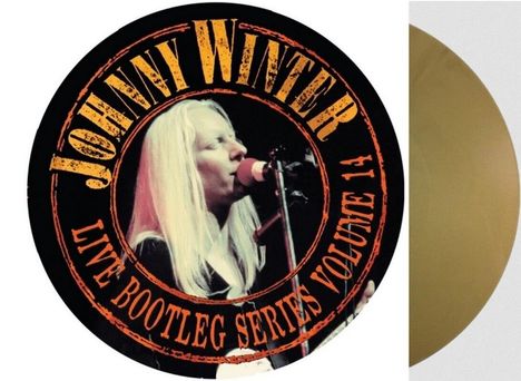 Text: "Johnny Winter Live Bootleg Series Volume 14". Illustration eines Sängers mit Mikrofon auf einem runden, schwarzen Hintergrund.
