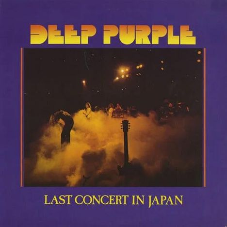 "DEEP PURPLE" und "LAST CONCERT IN JAPAN" in gelber Schrift auf lila Hintergrund; im Hintergrund eine Konzertszene.