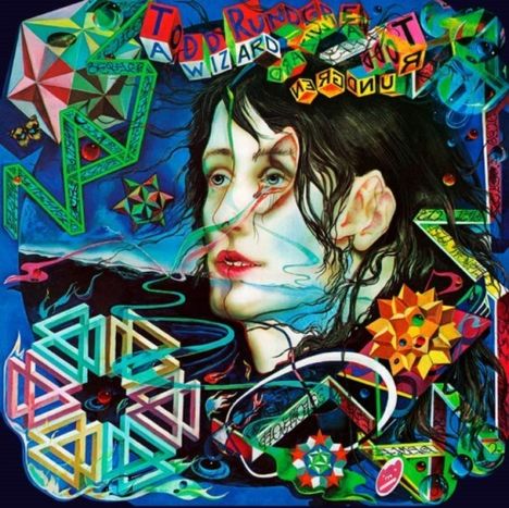 "Todd Rundgren" "Wizard" "True Star" bunte geometrische Formen, ein Gesicht mit fließendem Haar, psychedelische Motive.