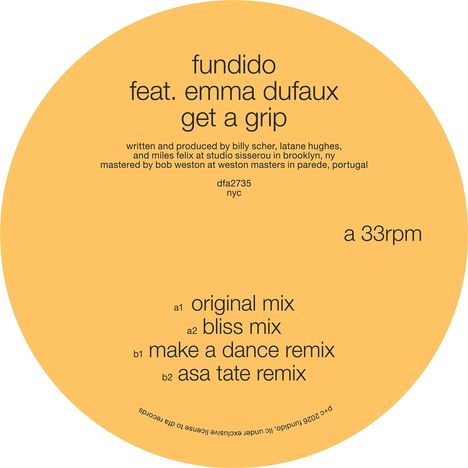 "fundido feat. emma dufaux get a grip" steht zentral auf einem orangefarbenen Kreis, darunter sind Mixversionen.