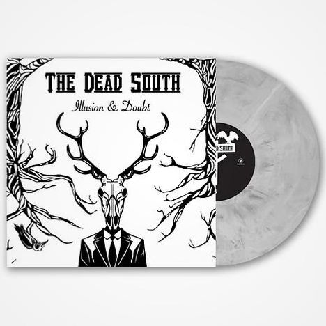 "The Dead South", "Illusion & Doubt". Illustration: Skelett eines Hirsches im Anzug vor verzweigten Ästen. Graue Schallplatte.