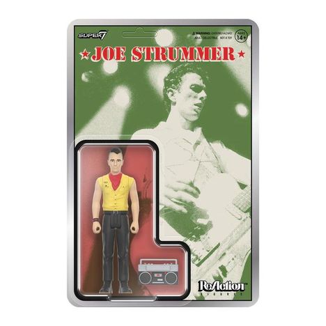 "JOE STRUMMER" steht oben in roten Buchstaben. Unten ist eine Figur mit gelber Weste und ein graues Kassettenradio.