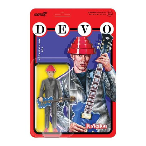Text: "DEVO", "Bob Mothersbaugh", "ReAction". Illustration einer Figur mit rotem Hut, Gitarre auf blauem Hintergrund.