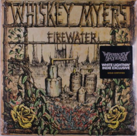 „WHISKEY MYERS“ und „FIREWATER“ in rustikalem Stil. Illustration: Destilliergerät, Pflanzen und gelbe Rosen.