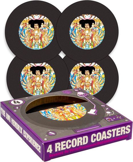 Box mit "The Jimi Hendrix Experience" und "4 Record Coasters". Vier Untersetzer im Schallplatten-Design.