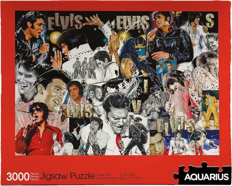 Das Wort "ELVIS" mehrfach, bunte Collage mit vielen Auftritten von Elvis Presley, Puzzle mit 3000 Teilen.
