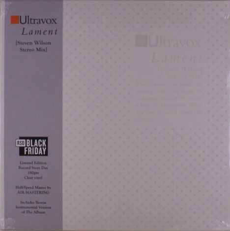 Ultravox: Lament (Steven Wilson Stereo Mix) (Black Friday 2024) (180g) (Clear Vinyl) (Half Speed Mastered), 2 LPs