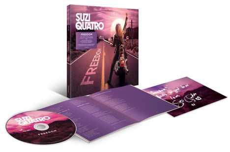 Album-Cover von Suzi Quatro, Titel "Freedom". Eine Person mit Gitarre auf einer Straße bei Sonnenuntergang.