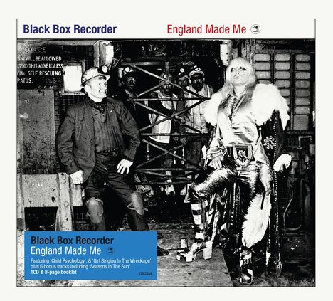 "Black Box Recorder", "England Made Me". Links: Bergarbeiter, rechts: Person in Glam-Rock-Outfit vor Bergwerk.