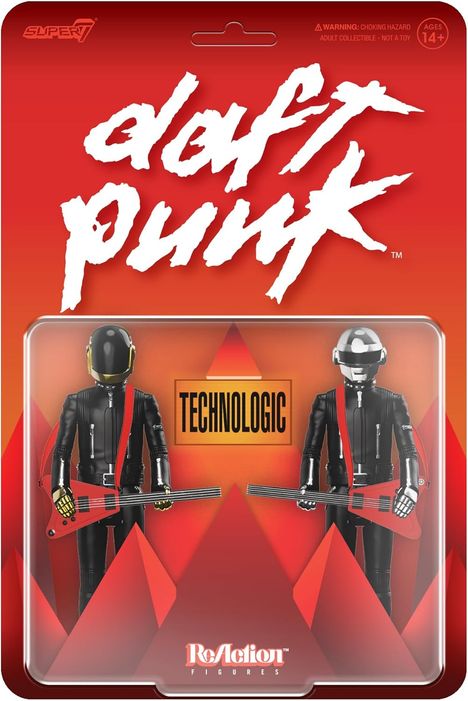 „Technologic“, „daft punk“, ReAction-Figuren, zwei Figuren in schwarzen Anzügen und Helmen mit roten Gitarren.