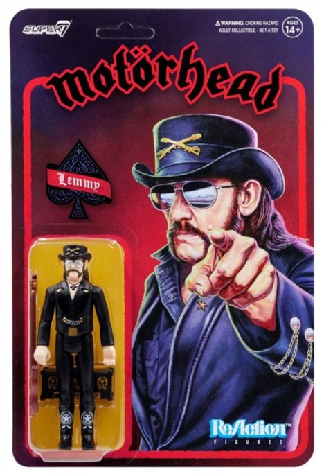"Motörhead" und "Lemmy" in markanten Schriften, Abbildung eines Mannes mit Hut und Sonnenbrille, eine Actionfigur.