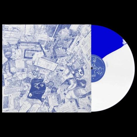 Text: "I'm C". Zeichnung eines chaotischen Zimmers von oben, Person mit Kopfhörern schläft am Schreibtisch. Vinyl blau-weiß.