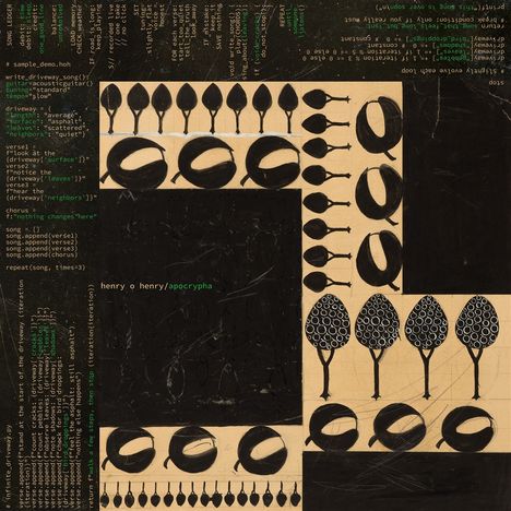 Text: "henry o henry/apocrypha"
Design: Geometrische Muster mit Blättern und Kreisen in Schwarz und Beige.