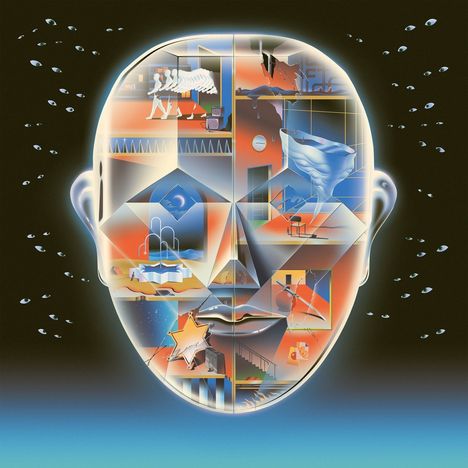 Illustration eines stilisierten Kopfes mit surrealen Szenen darin, umgeben von schwebenden Augen.