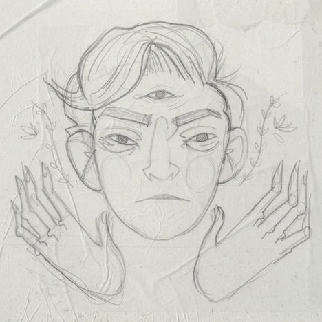 Illustration: Ein Gesicht mit drei Augen. Zwei Hände erhoben, umgeben von floralen Mustern. Skizzenhafter Stil.