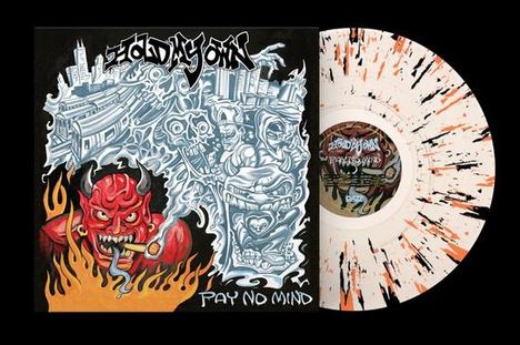 "Stomper 98" und "Pay No Mind", Illustration mit rot-schwarzem Dämon und Stadtansicht, Vinyl mit schwarz-orangen Sprenkeln.