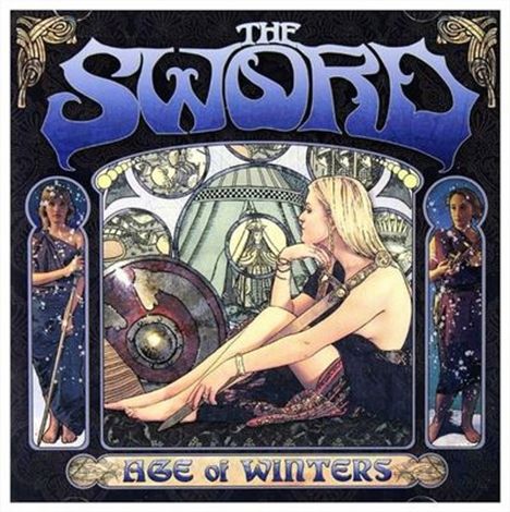 "The Sword" in großen Buchstaben oben, "Age of Winters" unten. Illustration von drei Frauen in mittelalterlichen Gewändern.