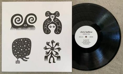 "chris ballew," "volume two." Links Illustrationen: spiralförmige und organische Muster. Rechts Schallplatte.