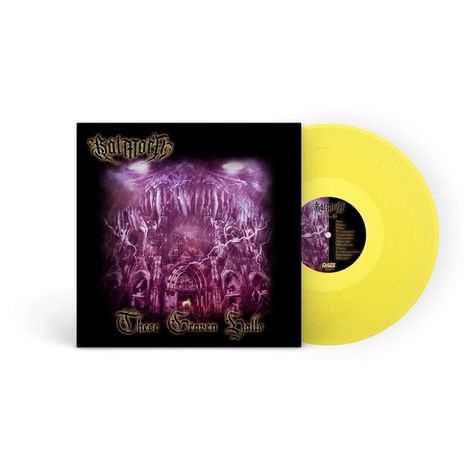 Schriftzug "Sanguisugabogg" oben links, "These Graven Halls" unten. Cover mit dunklem, gotischem Motiv, gelbe Vinylplatte.