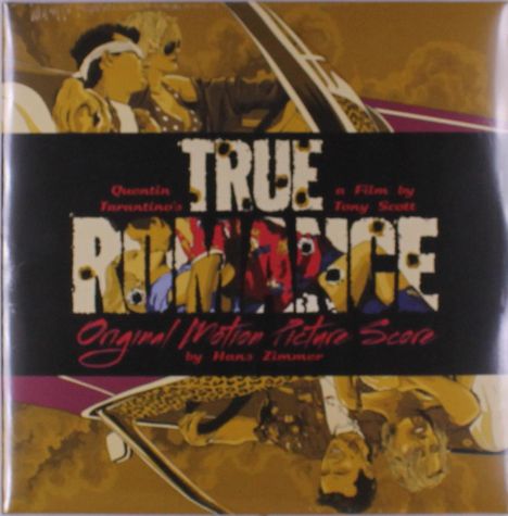 "Quentin Tarantino's True Romance. A Film by Tony Scott. Original Motion Picture Score by Hans Zimmer." Illustration zweier Personen im Auto.