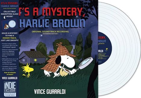 „IT'S A MYSTERY, CHARLIE BROWN“, Soundtrack, Snoopy mit Lupe im Detektivkostüm, Vinyl-Schallplatte in Weiß.