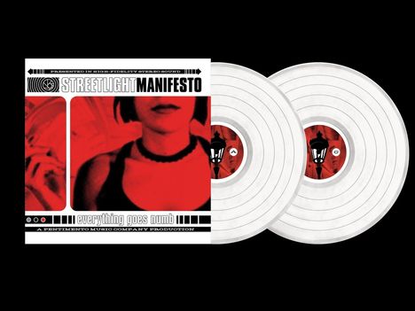 Text: "Streetlight Manifesto", "everything goes numb". Das Bild zeigt ein rotes, stilisiertes Porträt und zwei weiße Schallplatten.