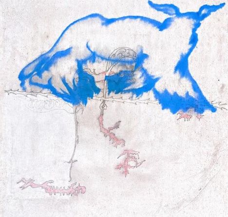 Zeichnung eines blauen Tieres, das über eine Linie schreitet, mit feinen roten und schwarzen Details.