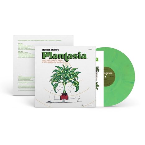 "Mother Earth's Plantasia: warm earth music for plants... and the people who love them." Grünes Vinyl, zwei Figuren umarmen Pflanze.