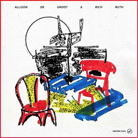Text: "ALLISON DE GROOT & RICH RUTH." Illustration: Bunte, abstrakte Sessel und Strukturen vor einem runden Hintergrund.