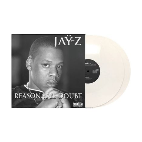 "JAY-Z", "REASONABLE DOUBT"; Schwarz-Weiß-Porträt eines ernsten Mannes, transparente Vinyl-Schallplatte.