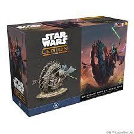"Star Wars Legion. STAP Riders", Verpackung mit einem Modell und Illustration eines Gefechts mit Charakteren in futuristischen Fahrzeugen.