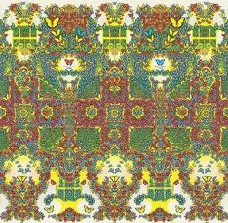 Es gibt keine klaren Texte zu lesen. Es ist ein komplexes, symmetrisches Muster mit bunten, kaleidoskopartigen Formen.