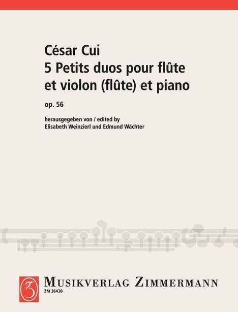 César Cui: 5 Petits duos pour flûte et violon (flûte) et piano, op. 56. Herausgegeben von Weinzierl und Wächter. Logo unten links.