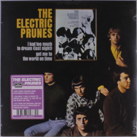 "The Electric Prunes" und Songtitel. Fünf Männer posieren, ein abstraktes Gemälde und ein lila Info-Aufkleber.