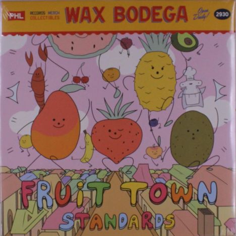"WAX BODEGA" oben, "FRUIT TOWN STANDARDS" unten. Illustration von fröhlichen Früchten mit Gesichtern auf rosa Hintergrund.