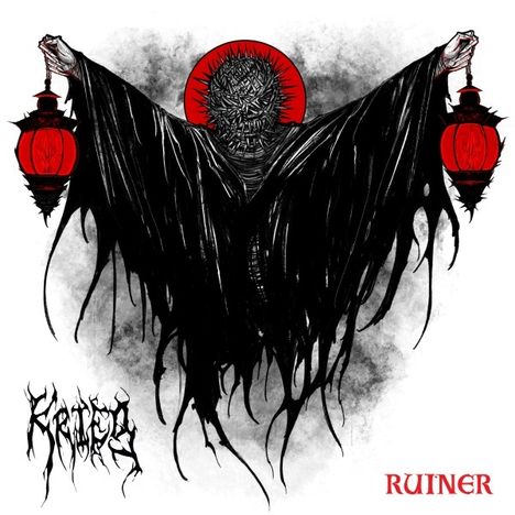 Text: "KATASTROPHY" und "RUINER". Illustration: Eine Kapuzenfigur mit roten Laternen, Gesicht aus Stacheldraht.