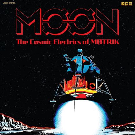 "MØØN. The Cosmic Electrics of MØTRIK." Ein Raumschiff landet auf einer Mondoberfläche, umgeben von Sternen.