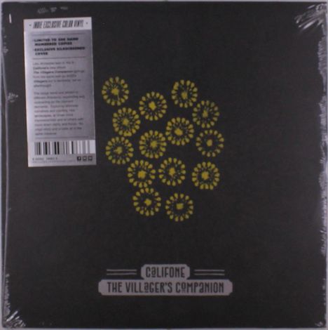 Informiert über eine limitierte Auflage und handbedrucktes Cover. Gelbe Blumenmuster auf schwarzem Hintergrund, Albumtitel unten.