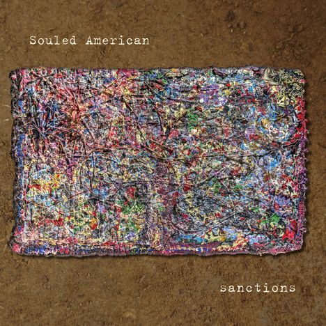 Text: "Souled American" und "sanctions". Buntes, abstraktes Gemälde auf braunem Hintergrund.