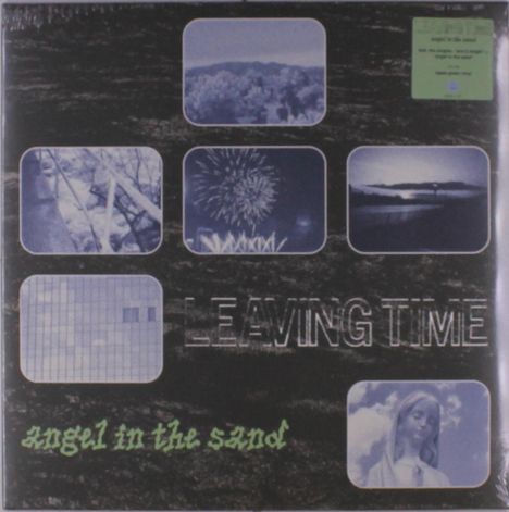 "LEAVING TIME" und "angel in the sand". Sechs blaue Fotografien auf schwarzem Hintergrund; Natur, Feuerwerk, Statue.