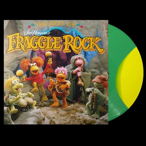 „Jim Henson's Fraggle Rock: The Best Of“ steht über fröhlichen, bunten Puppen in einer Höhlenszene. Grüne und gelbe Vinyl.