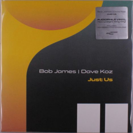 Bob James | Dave Koz, Just Us. Audiophile Vinyl. Abstraktes Design mit geschwungenen Formen in Schwarz, Gelb und Orange.