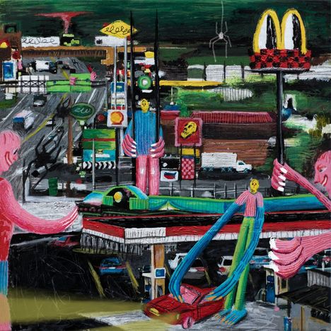 Eine bunte Straßenszene voller Schilder wie "el el el" und einem großen M. Es gibt übergroße, bunte Figuren.