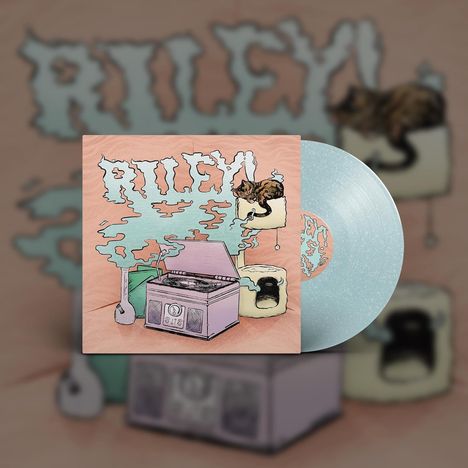 Text: "RILEY". Illustration mit Katze, Plattenspieler und Kratzbaum. Platte in hellblauer Farbe.