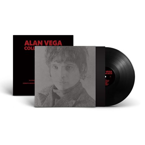 "ALAN VEGA COLLECTION" in roten Buchstaben auf schwarzem Hintergrund, Plattencover mit Porträt und Schallplatte.